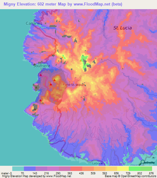Migny,Saint Lucia Elevation Map