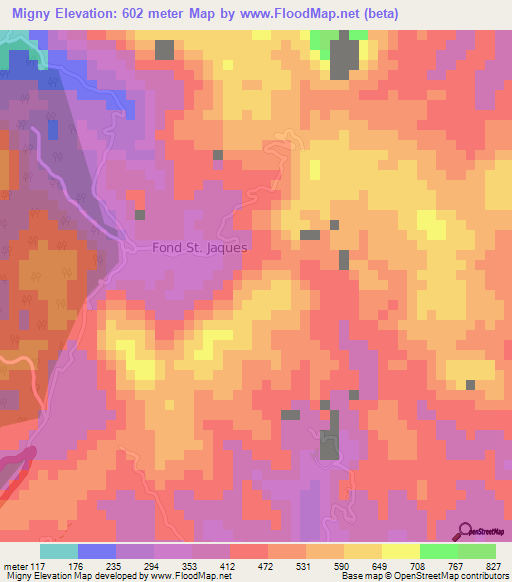 Migny,Saint Lucia Elevation Map
