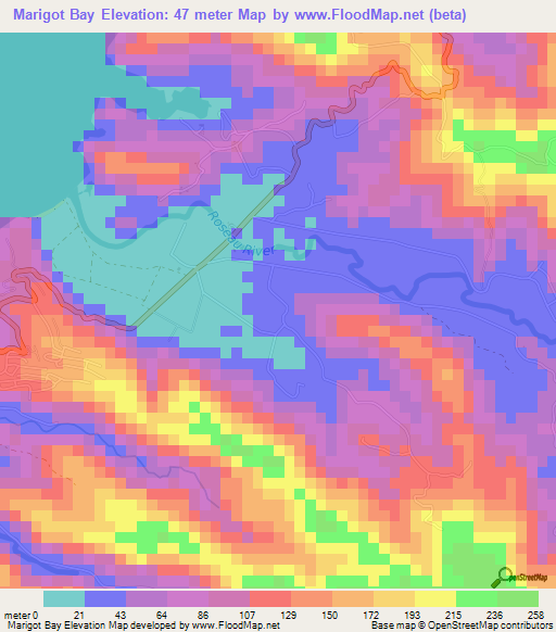 Marigot Bay,Saint Lucia Elevation Map