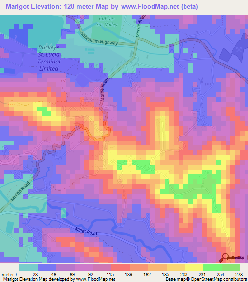 Marigot,Saint Lucia Elevation Map