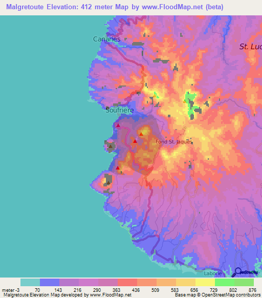 Malgretoute,Saint Lucia Elevation Map