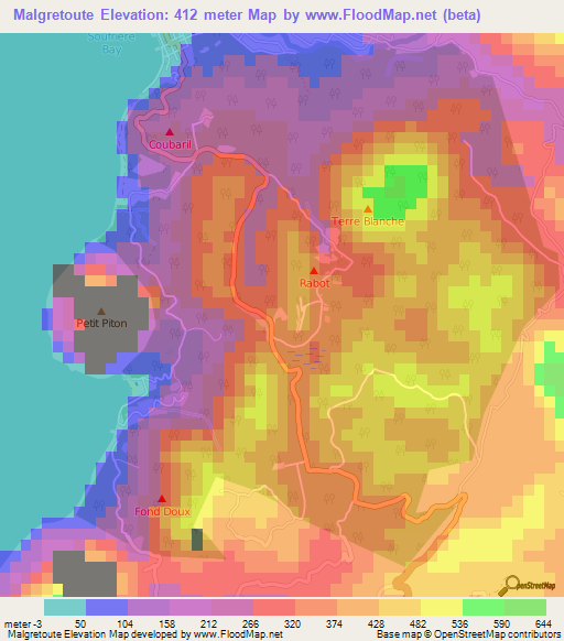 Malgretoute,Saint Lucia Elevation Map