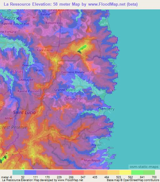 La Ressource,Saint Lucia Elevation Map