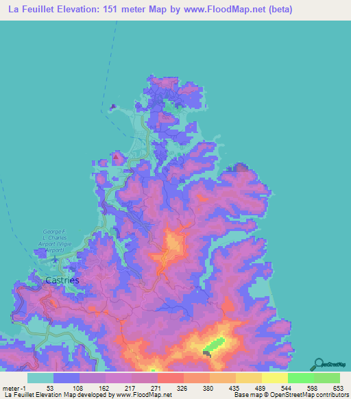 La Feuillet,Saint Lucia Elevation Map