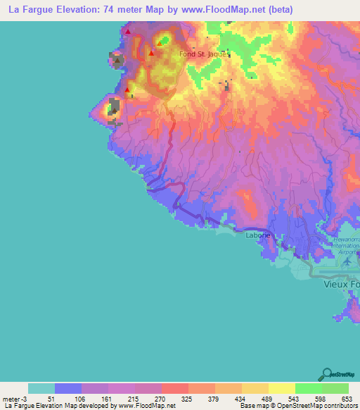 La Fargue,Saint Lucia Elevation Map
