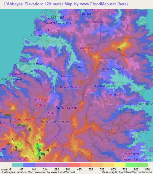 L'Abbayee,Saint Lucia Elevation Map