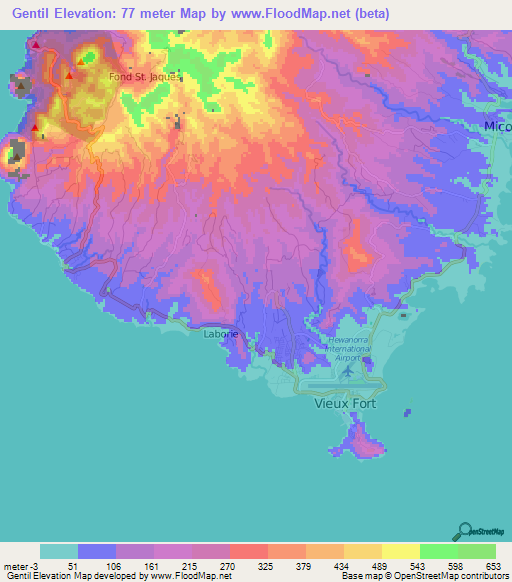 Gentil,Saint Lucia Elevation Map