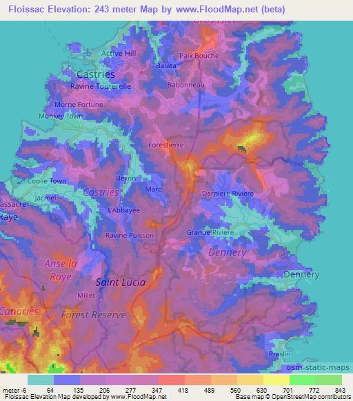 Floissac,Saint Lucia Elevation Map