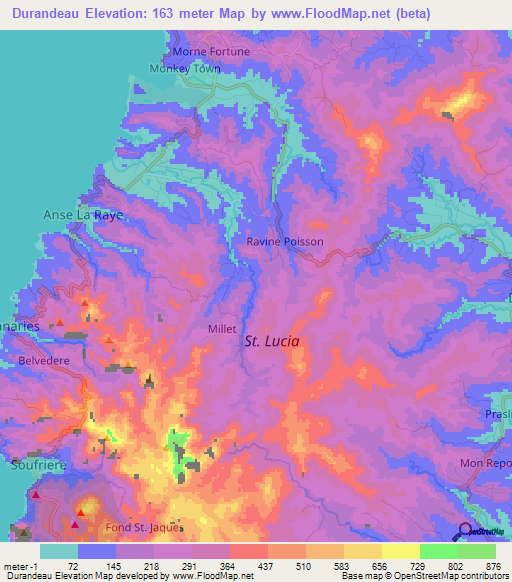 Durandeau,Saint Lucia Elevation Map