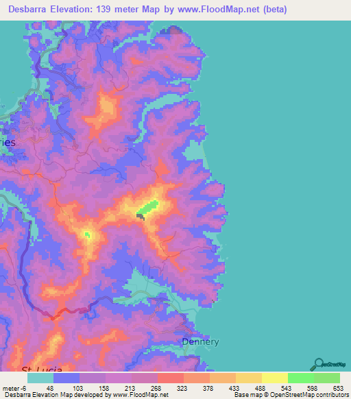 Desbarra,Saint Lucia Elevation Map