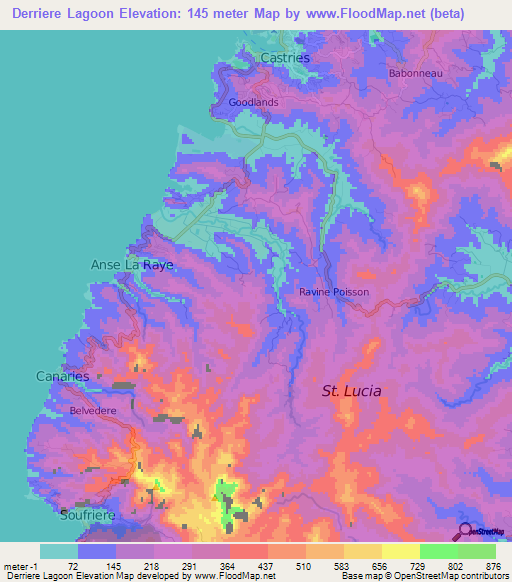 Derriere Lagoon,Saint Lucia Elevation Map