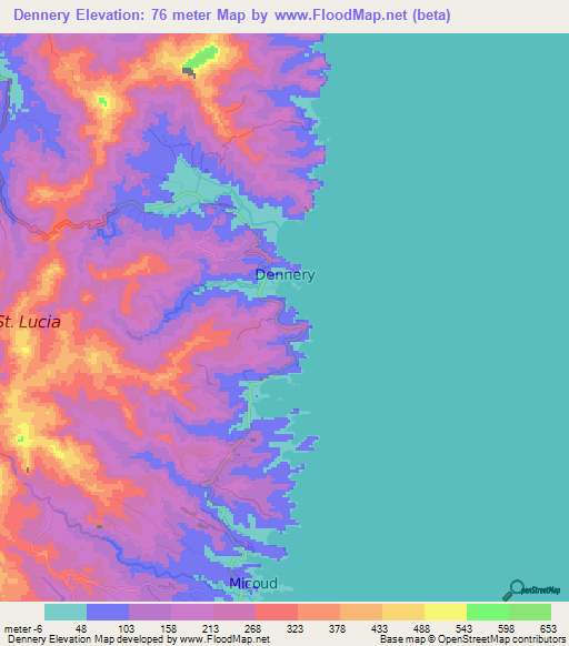 Dennery,Saint Lucia Elevation Map