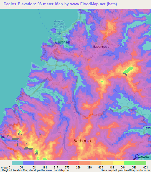 Deglos,Saint Lucia Elevation Map