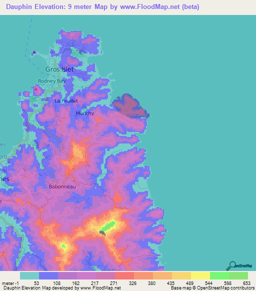 Dauphin,Saint Lucia Elevation Map