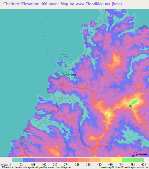 Charlotte,Saint Lucia Elevation Map
