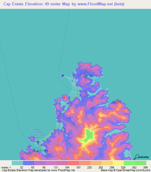 Cap Estate,Saint Lucia Elevation Map