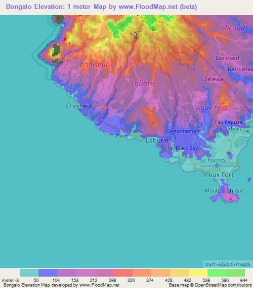 Bongalo,Saint Lucia Elevation Map