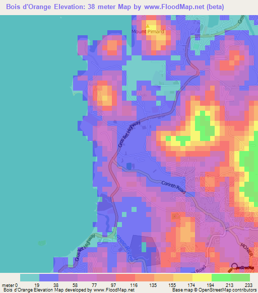 Bois d'Orange,Saint Lucia Elevation Map