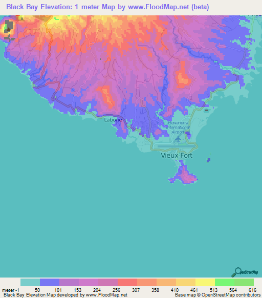 Black Bay,Saint Lucia Elevation Map