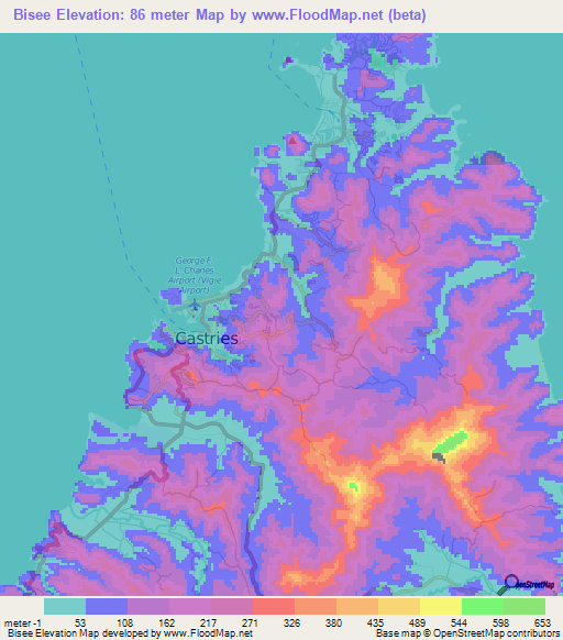 Bisee,Saint Lucia Elevation Map
