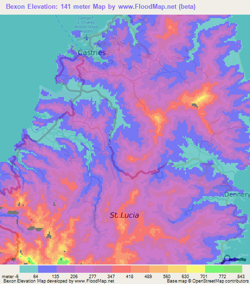 Bexon,Saint Lucia Elevation Map