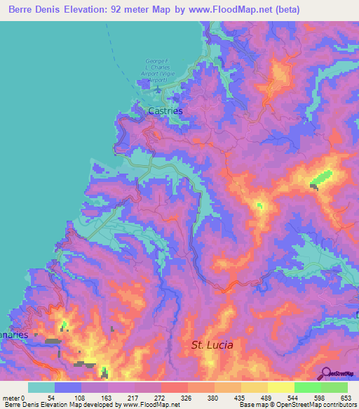 Berre Denis,Saint Lucia Elevation Map