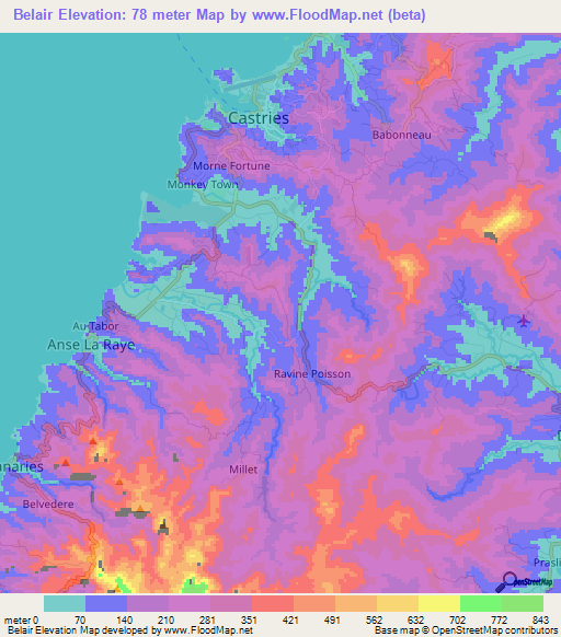 Belair,Saint Lucia Elevation Map