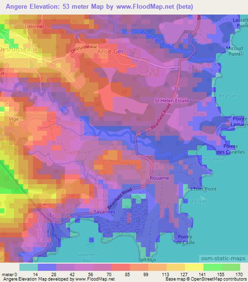 Angere,Saint Lucia Elevation Map