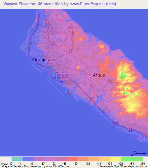 Wayaca,Aruba Elevation Map