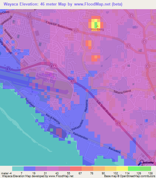 Wayaca,Aruba Elevation Map