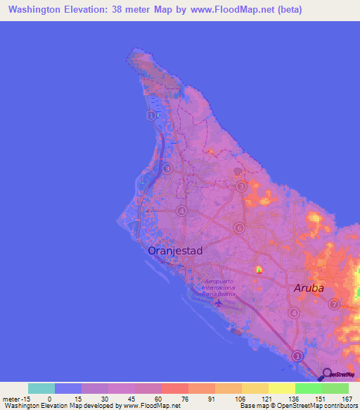 Washington,Aruba Elevation Map