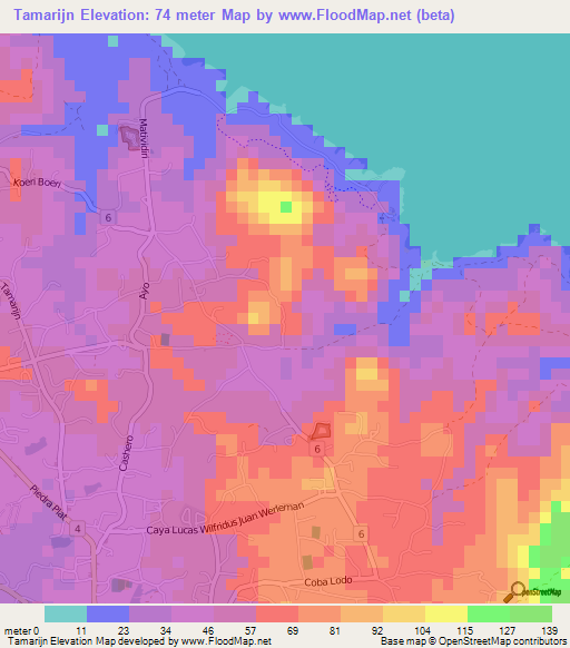 Tamarijn,Aruba Elevation Map