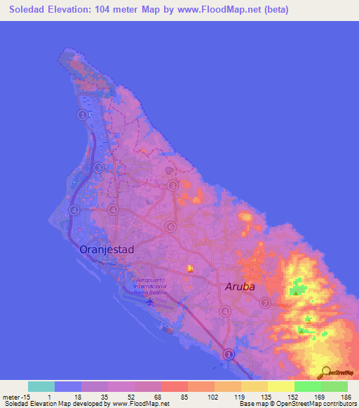 Soledad,Aruba Elevation Map