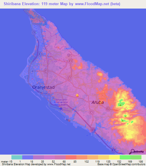 Shiribana,Aruba Elevation Map