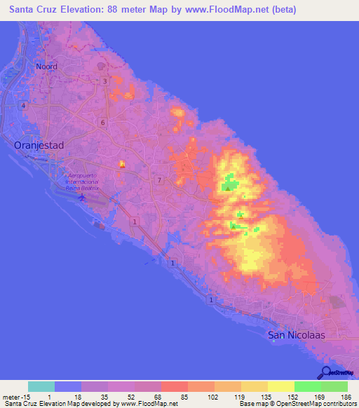 Santa Cruz,Aruba Elevation Map