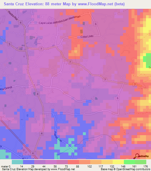 Santa Cruz,Aruba Elevation Map