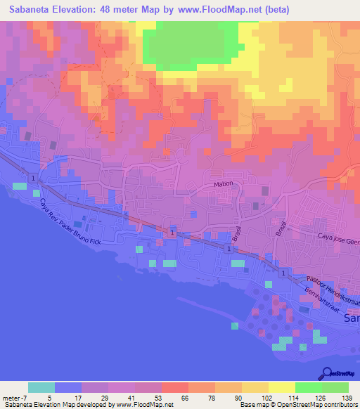 Sabaneta,Aruba Elevation Map