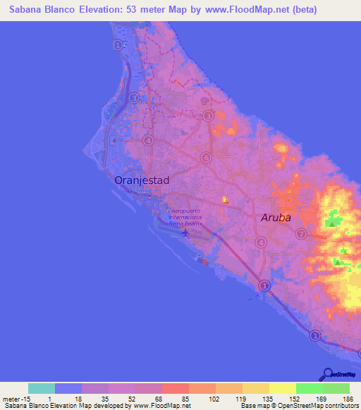 Sabana Blanco,Aruba Elevation Map