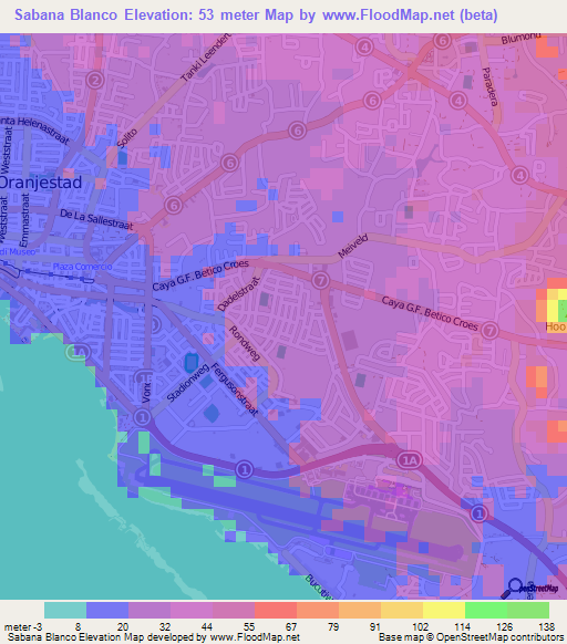 Sabana Blanco,Aruba Elevation Map