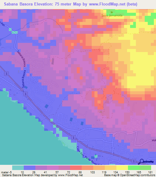 Sabana Basora,Aruba Elevation Map