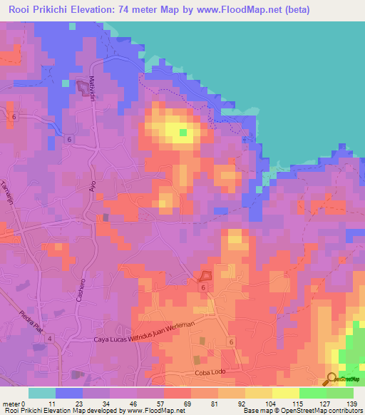 Rooi Prikichi,Aruba Elevation Map