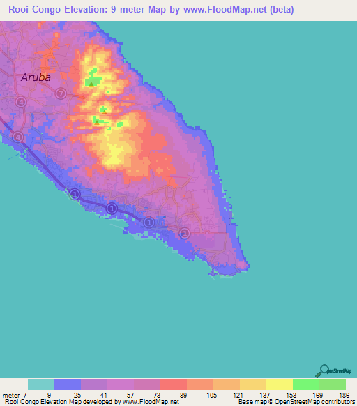 Rooi Congo,Aruba Elevation Map