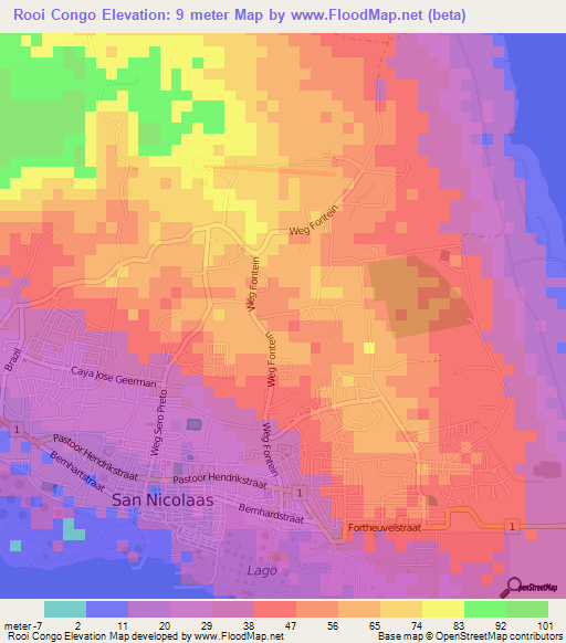 Rooi Congo,Aruba Elevation Map