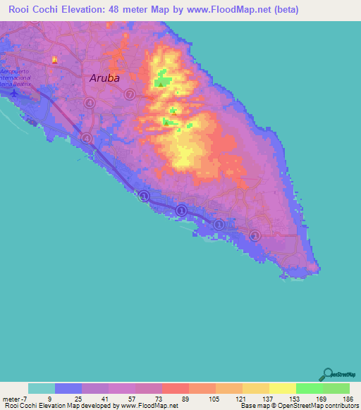Rooi Cochi,Aruba Elevation Map