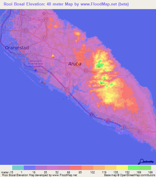 Rooi Bosal,Aruba Elevation Map