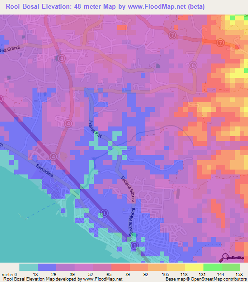 Rooi Bosal,Aruba Elevation Map