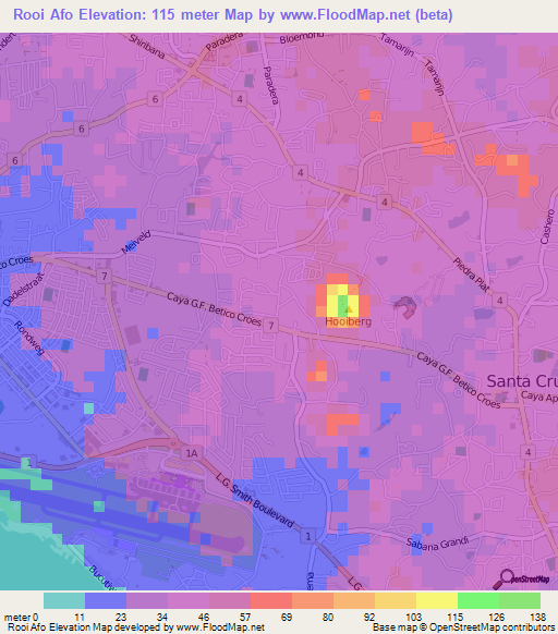 Rooi Afo,Aruba Elevation Map
