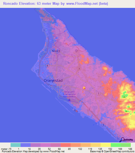 Roncado,Aruba Elevation Map