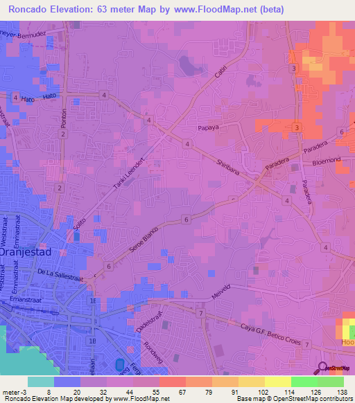 Roncado,Aruba Elevation Map