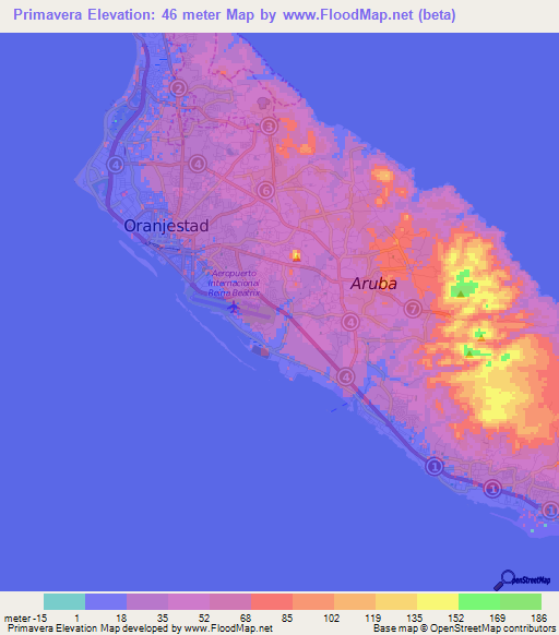 Primavera,Aruba Elevation Map